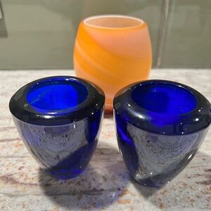 Pier 1 Set of Blue and Orange Glass Candle Holders